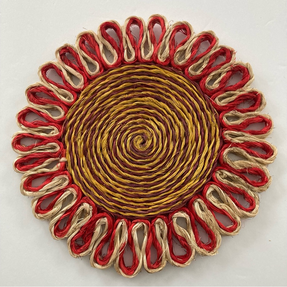 Vintage 1970's Woven Trivet, Tan Red Rattan Wicker Retro Grannycore 8” Diameter